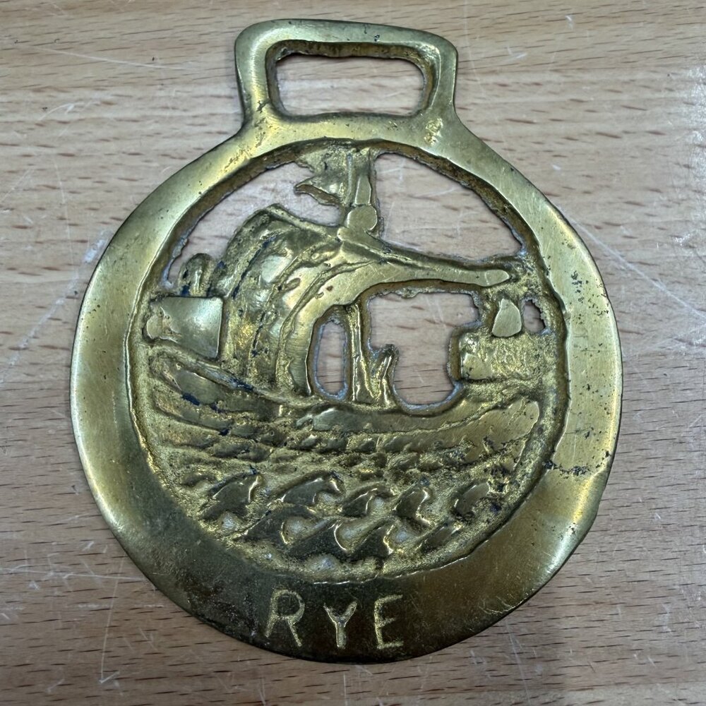 Rare vintage HORSE BRASS RYE Sussex with Viking Longship Made in England